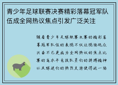 青少年足球联赛决赛精彩落幕冠军队伍成全网热议焦点引发广泛关注